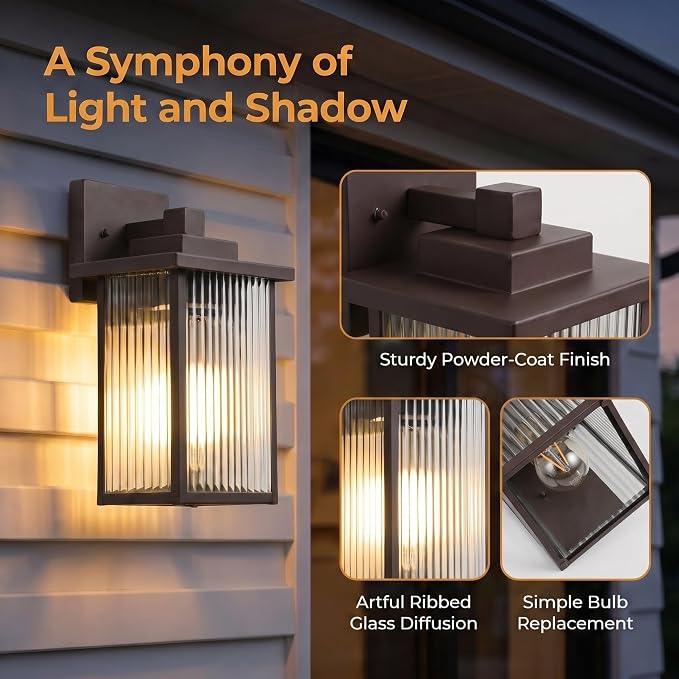 13" Oil-Rubbed Bronze Outdoor Wall Light, All-Metal Frame Porch Light | Textured Glass Softens Glare, Stays Bright. Rust-Resistant Bronze Metal. Pre-Assembled DIY Install. For Porch, Garage & Entry