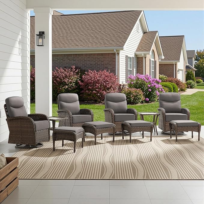 HUMMUH 4PCS Outdoor Swivel Rocker Patio Chairs with Ottomans,Luxury 6-inch Thick Cushion,High Back Patio Furniture Set,Wicker Conversation Set for Deck Yard and Poolside