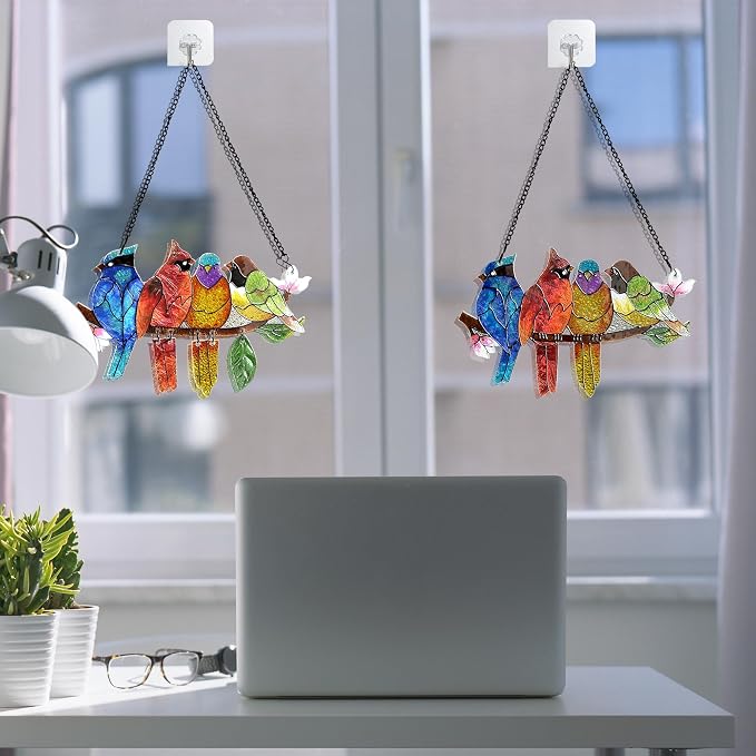 DASTOLL 2 Pack Stained Glass Window Hanging - Hummingbird Decorations Suncatcher Hand-Painted Double Sided Birds on A Branch Sun Catcher for Window Home Decor Gifts for Mom,Bird Lovers