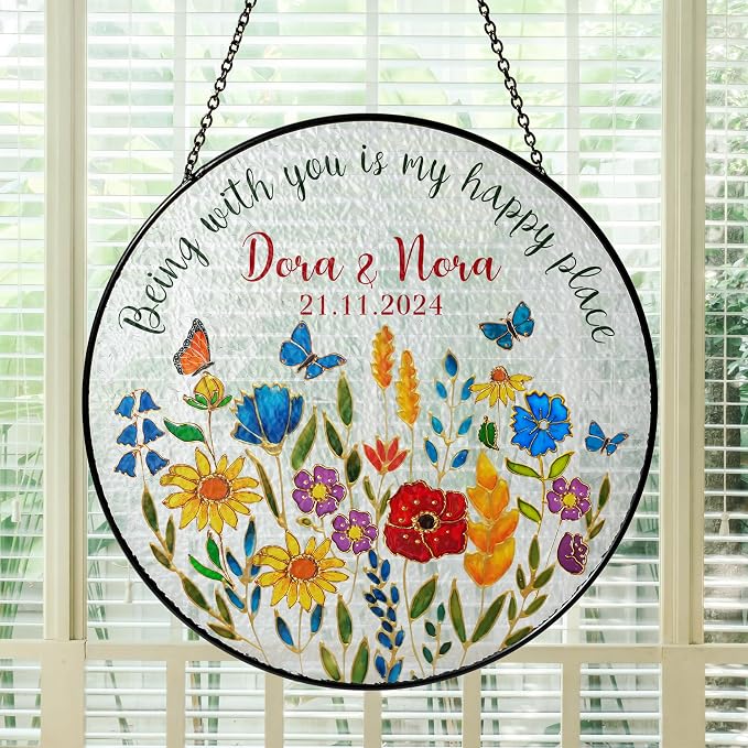 Personalized Flower Stained Glass Window Hanging Suncatcher - Romantic Valentine Gift for Couple - Custom Name and Date (Vintage Flower)