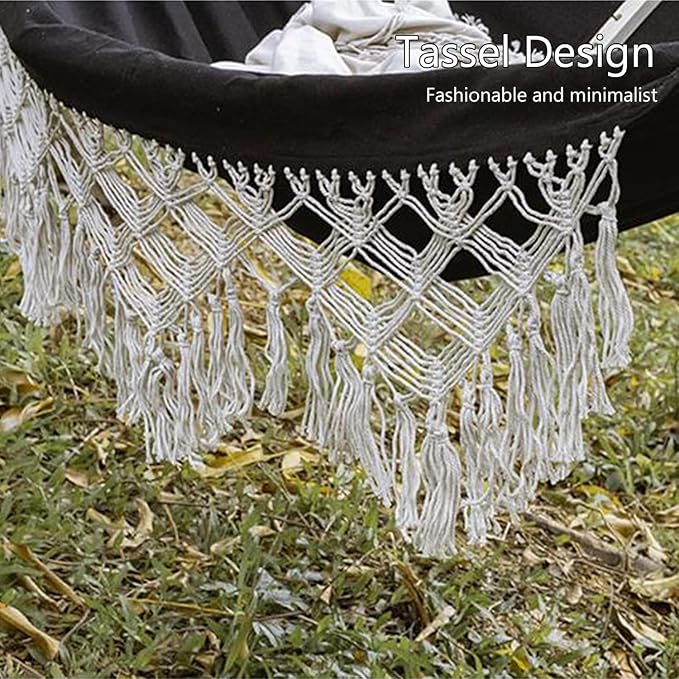 Double Hammock with Tassels, Cotton Canvas Portable Hanging Swing for Indoor Outdoor Use, 150kg Load Capacity, Ideal for Camping and Garden Relaxation