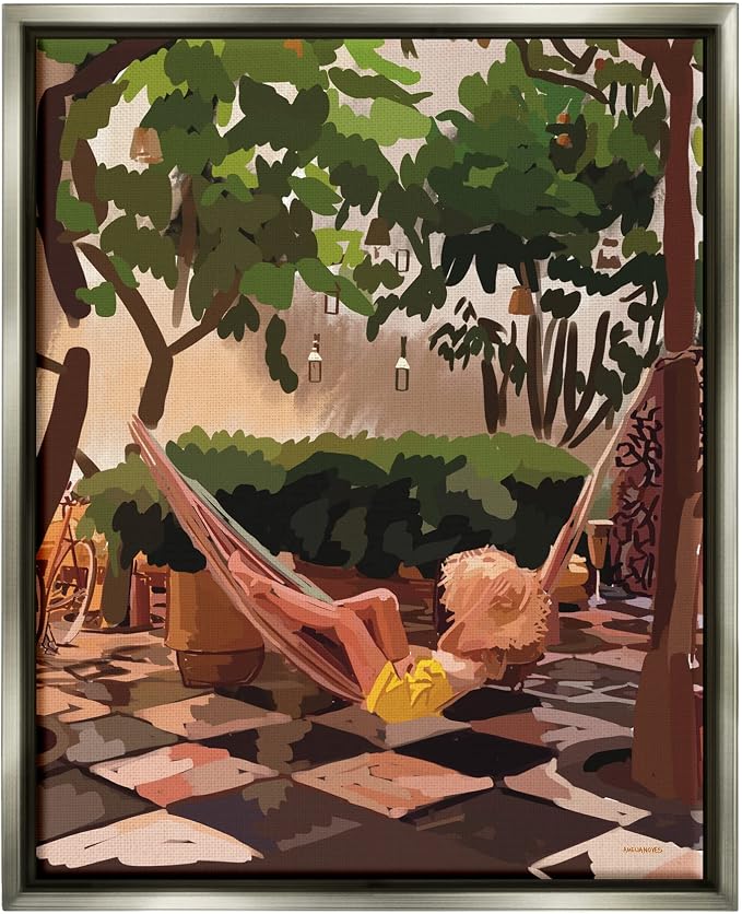'Woman Lounging Hammock Tropical Summer'| Floating Frame Canvas Art | Stupell Industries | Gray, 25 x 31 Inches, Easy to Hang and Sturdy, Made in USA, by Amelia Noyes