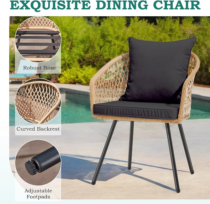 ECOTOUGE 5 Piece Patio Dining Set, Wicker Outdoor Furniture Set w/Glass Round Table, 4 PCS Chairs w/Waterproof Cushions for Backyard Garden Deck, Yellow/Black