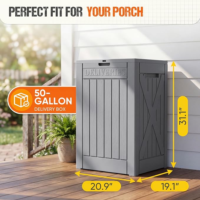 Flamaker 50 Gallon Deck Box, Package Delivery Box for Outside, Outdoor Package Drop Container for Gifts, Waterproof Plastic Storage Container with Lockable Secure for Porch (Gray)