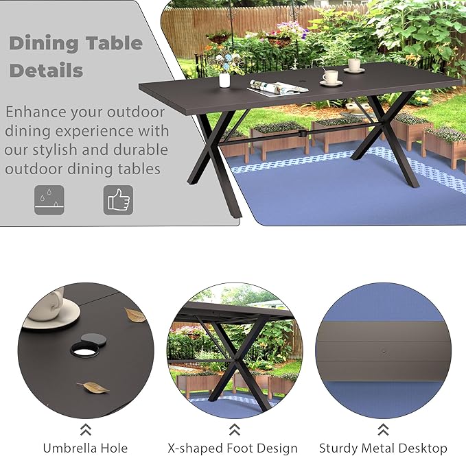 7-Piece Patio Dining Set Outdoor Conversation Set,Metal Outdoor Furniture Set with Umbrella Hole Cut-Out 78.7" x 35.4" Table and 6 Metal Backrest Swivel Chairs for Backyard,Garden,Sand