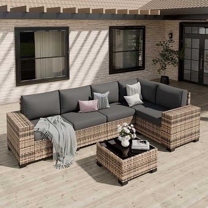 Patio Furniture Set, Wide Armrest Outdoor Furniture Set with Thick Cushions, 6 Piece Wicker Rattan Patio Sectional Sofa for Backyard, Poolside, Garden