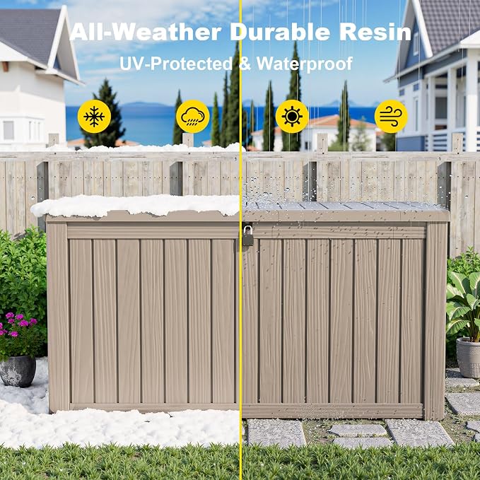 PatioZen 180 Gallon Deck Boxes Outdoor Waterproof, Weatherproof Outdoor Storage Boxes Lockable for Patio Furniture, Pool Supplies,Garden Tools(Grey)
