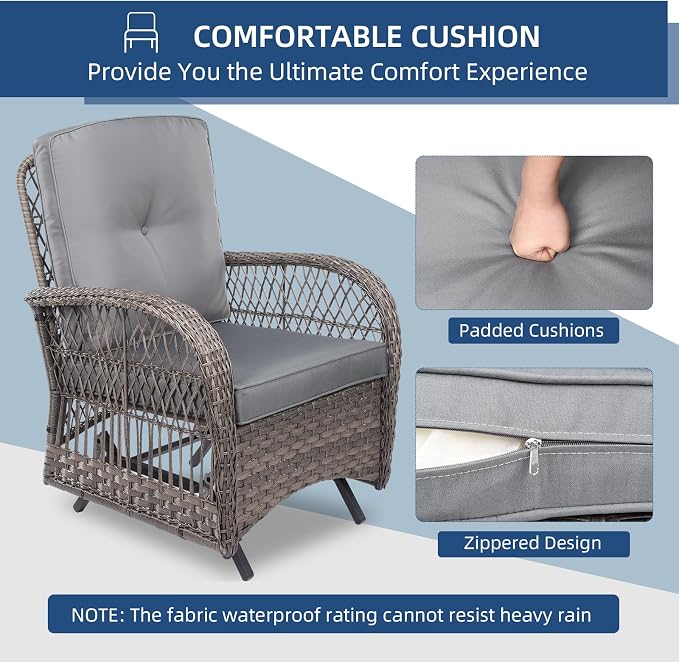 3-Piece Patio Wicker Conversation Bistro Set, All-Weather Gliding Rocking Chairs with Thickened Cushions and Glass Top Table, Outdoor Rattan Furniture Sets for Porch Garden, Gray
