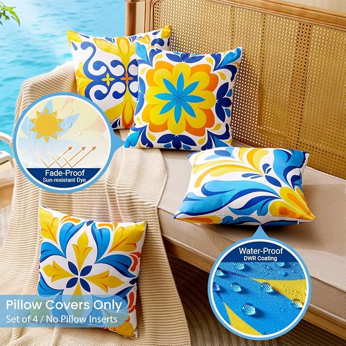 Blue and Orange Outdoor Floral Pillow Covers 18x18 Set of 4 Waterproof, Mediterranean Decor Accent Porch Throw Pillows 18 x 18, Fade Resistant Waterproof Outdoor Pillows for Patio Furniture