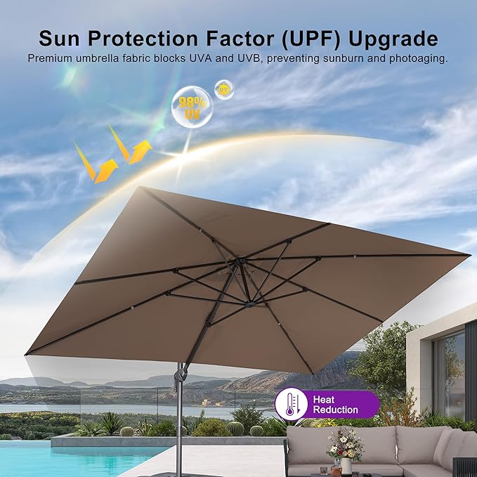 PURPLE LEAF Patio Umbrella 10' X 13' Rectangle Cantilever Umbrella Large Aluminum Outdoor Umbrellas with 360-degree Rotation & UPF40+ Premium Fabric for Deck Pool Garden Yard, Ash Mocha