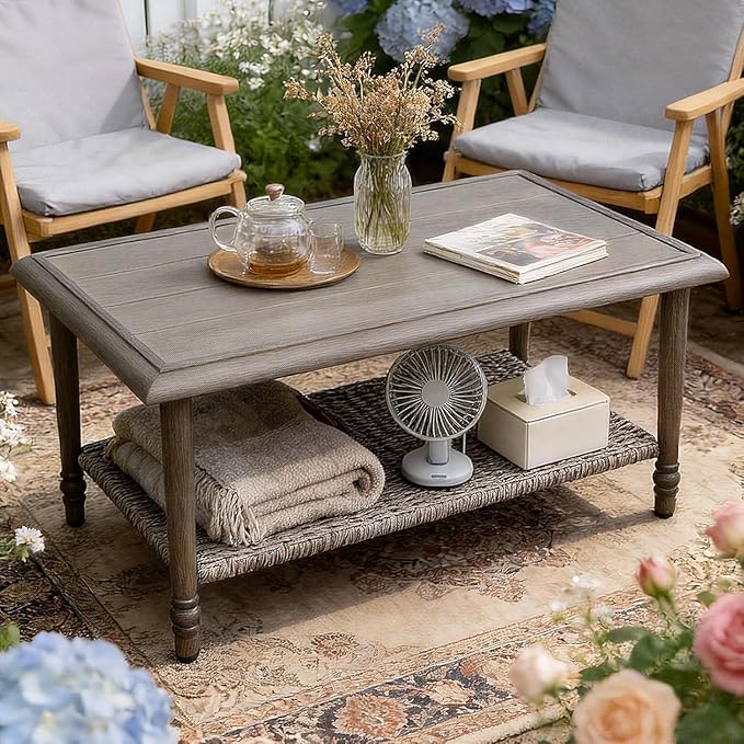 Coffee Table with Storage, PE Rattan Top & Durable Frame, Outdoor Coffee Table Rectangular, Outdoor Patio Table for Balcony Porch Garden Supports 200 lbs, Handwoven Rectangle Design(42” x 23” x 18)