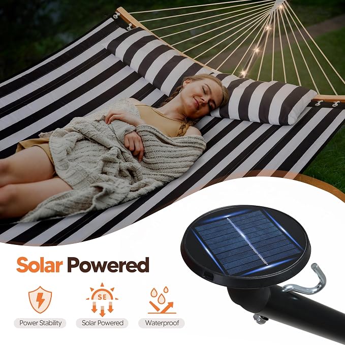 SUNCREAT Double Outdoor Hammock with 12 ft Stand, Patio Standing Hammock with Stand, Black & White