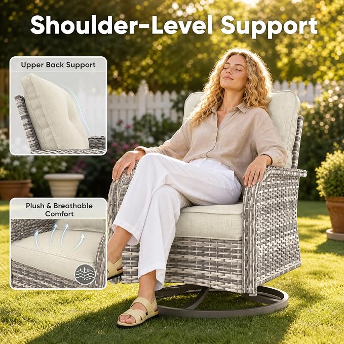 8-Piece Small Patio Furniture Set, Outdoor Swivel Rocking Chairs Set with Ottomans, Patio Bistro Set for Balcony, Deck, Porch,Ivory