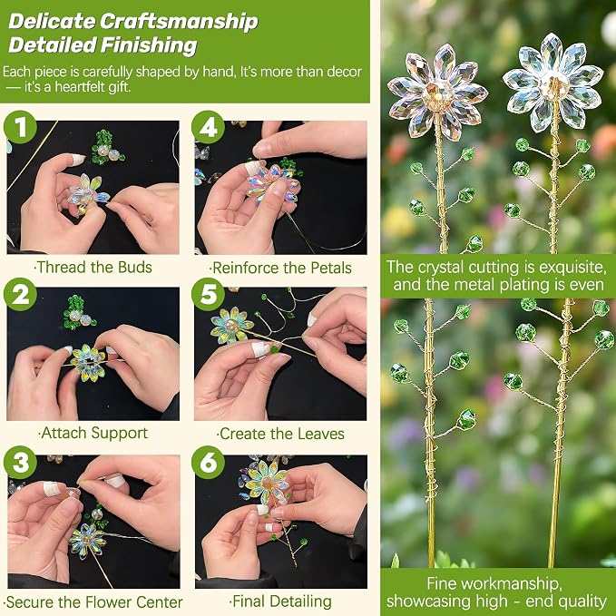 3Pcs Crystal Sunflower Suncatchers with 13'' Gold Trellis Metal Plant Stake | Glass Plant Suncatcher Garden Stakes for Indoor Outdoor Garden Potted Plants Decorations Plant Lover Gift(Clear, Green, Pink)