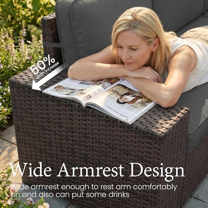 LayinSun 7 Pieces Outdoor Patio Furniture Set with 44" Fire Pit Table Brown Rattan Sectional Sofa Conversation Sets