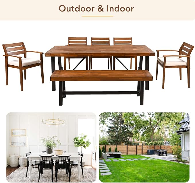 GDFStudio 7-Piece Acacia Wood Outdoor Dining Set for 7-8 Persons, Includes Table, Bench & Ergonomic Chairs with Removable Cushions, Adjustable Feet for Patio, Backyard, Porch or Deck, Natural Finish