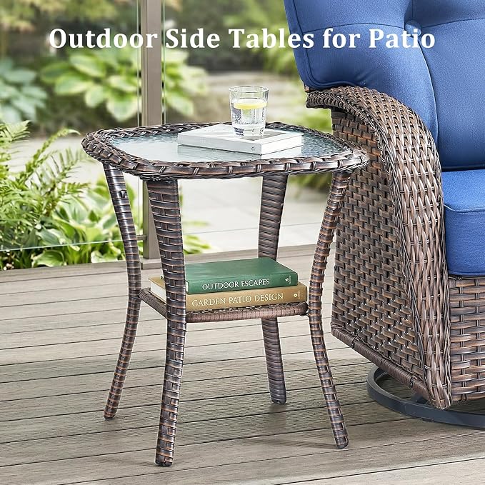 Patio Furniture Set, 5PCS Outdoor Wicker Conversation Set, High Back Rattan Sofa & Swivel Rocker Chairs, Weather Resistant Olefin Fabric for Garden, Poolside Brown/Blue