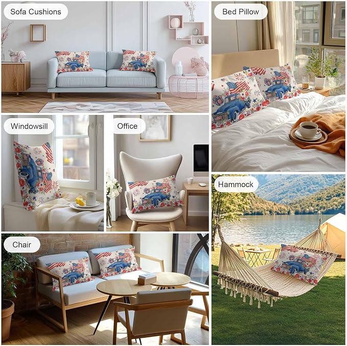 Independence Day Outdoor Throw Pillow Cover Farm Truck USA Flag Poppy Waterproof Cushion Covers 2 Pack Retro Patriotic Fireworks Pillow Cases Home Decoration for Patio Garden Couch Sofa 20x12In