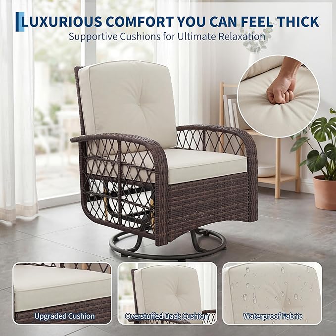 Outdoor Swivel Rocker Chairs Set, 3-Piece Patio Furniture with Washable Cushions & Glass Tabletop, Swivel Glider Rocker Set for Deck Porch Balcony Backyard Garden, Brown Wicker & Beige Cushions