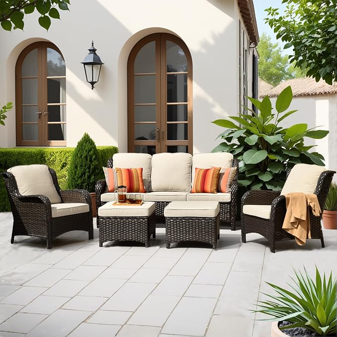 ovios 5-Pieces Patio Furniture Set, Outdoor Wicker Sofa Couch with Chairs Ottomans Comfy Cushions, High Back Modern All Weather Conversation Set, Brown Rattan, Beige