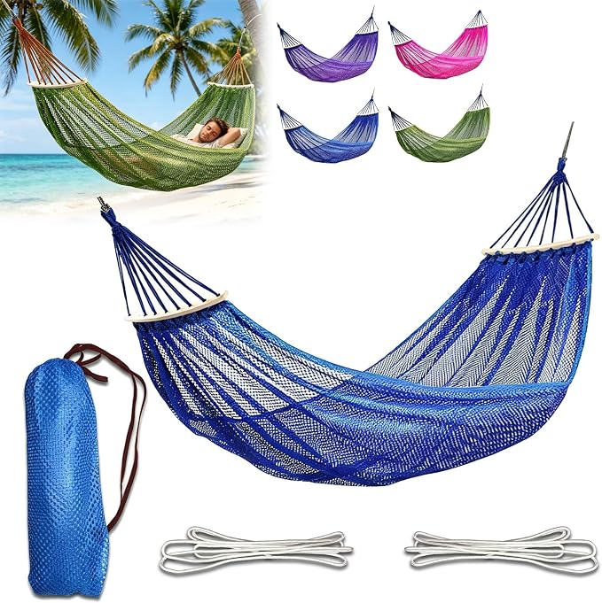 Hammock Without Stand, Blue, Polyester Net | Camping Hammocks for Outside, Travel Portable Lightweight, With Tree Straps & Storage Bag
