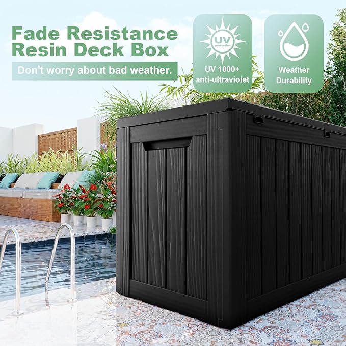 DRATO 80 Gallon Large Deck Box, Outdoor Storage Box for Patio Furniture, Patio Cushions, Gardening Tools, Pool Supplies 480lbs Weight Capacity, Waterproof Resin Storage Boxes (Black, 80 Gallon)