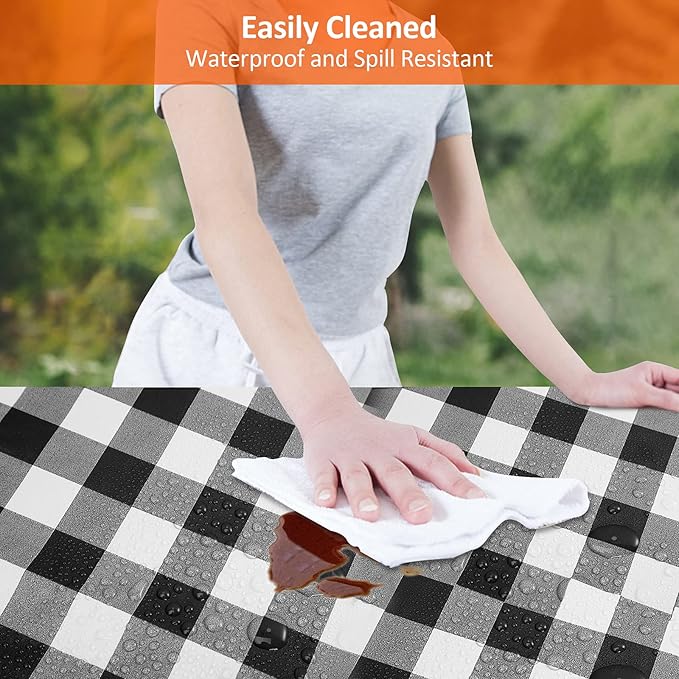 KENOBEE 8ft Picnic Table and Bench Cover, Camping Essentials RV Gear, 96 in Waterproof Windproof Outdoor Elastic All Around Tablecloth, Fitted Rectangle Tables and Seats, Black-White Checkered