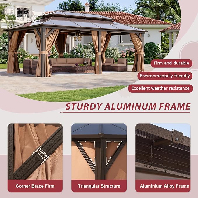 12’x20’ Hardtop Gazebo with Double Polycarbonate Roof Outdoor Metal Gazebo Sturdy Aluminum Frame & Removable Curtains, Netting Permanent Pavilion Pergola for Garden,Patio,Lawn (Brown)