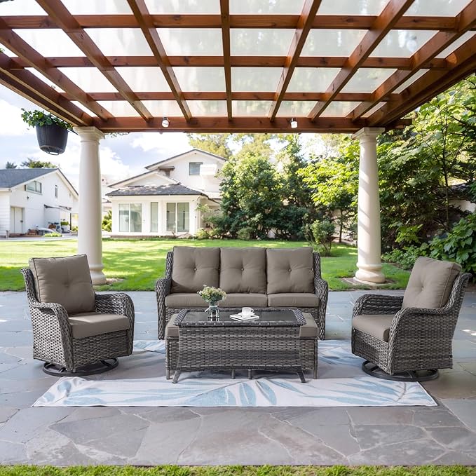 Belord Wicker Outdoor Furniture Patio Furniture Set - 6 Piece Patio Conversation Set with Swivel Rocker Chairs, Rattan Sofa, Ottomans and Coffee Table, Gray Cushion