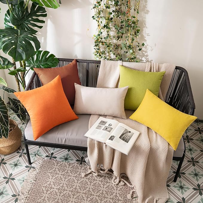 MIULEE Pack of 2 Outdoor Waterproof Throw Pillow Covers Linen 18x18 inch Orange with 4 Packs of Outdoor Pillow Inserts