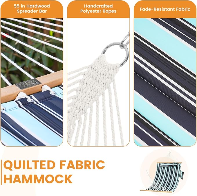 Lazy Daze Hammocks 10.5FT 2 Person Double Quilted Fabric Hammock with Spreader Bar, Detachable Pillow, Side Pocket, Carabiners, Chains, Straps for Outdoor, 450lbs Capacity, Aqua Navy