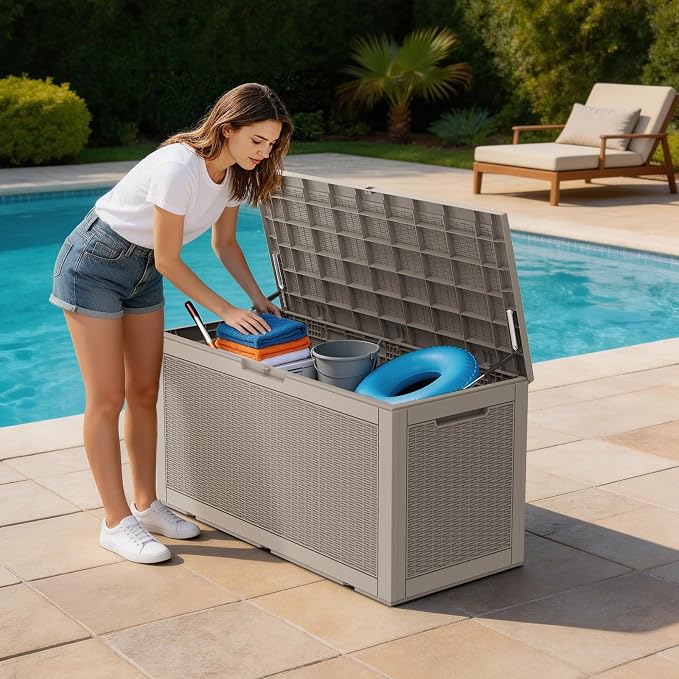 Mars Villa 100 Gallon Outdoor Storage Box, Resin Deck Box Waterproof for Patio Furniture Cushions, Pool Supplies, Gardening Tools, Weatherproof and UV Resistant, Grey