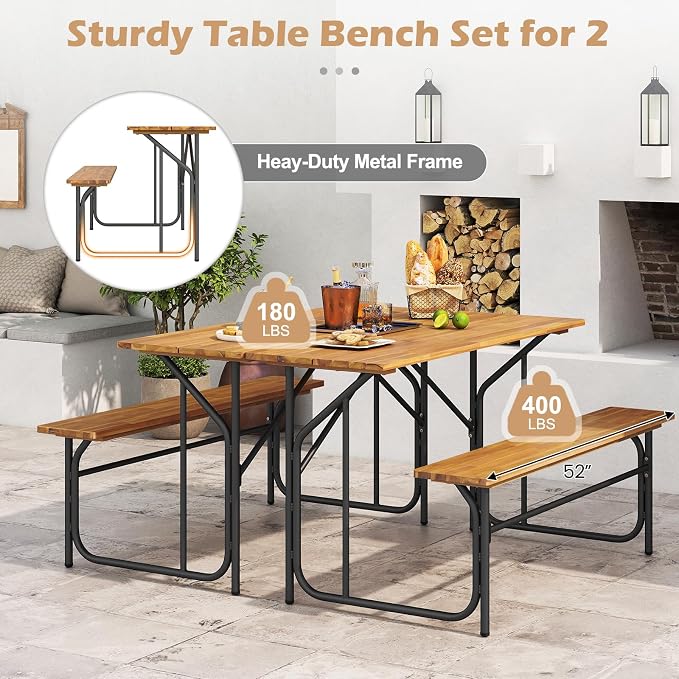 Tangkula Patio Dining Bench Set for 4, Heavy-Duty Outdoor Acacia Wood Dining Furniture with Metal Legs for Balcony, Backyard, Poolside, Garden (2,52” x 32” x 29.5”)