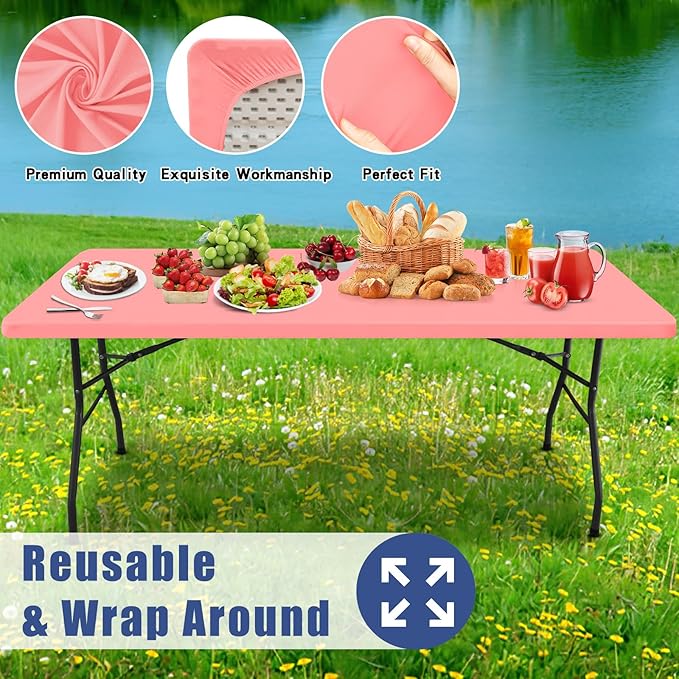 Moosfor Spandex 8 Foot Rectangle Table Cloth 2 Pack, Elastic Fitted Tablecloths for Picnic, Stretch Washable Patio Table Cover for Outdoor, Camping, Banquet and Parties(Coral Red, 30"x96")