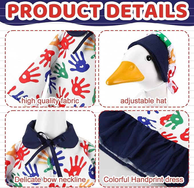 Outus Art Back to School Porch Goose Outfits Includes Colorful Handprint Dress Hat First Day of School Classroom Goose Clothing for Outdoor Garden Yard Patio Lawn 23" Statue