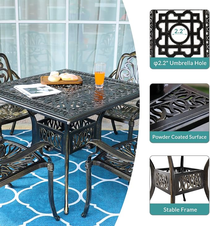 MEETWARM 5-Piece Outdoor Patio Dining Set, All-Weather Cast Aluminum Patio Conversation Set for Backyard Garden Deck with 4 Chairs and 35.4" Square Table, 2.2" Umbrella Hole