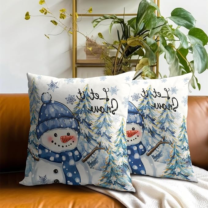 Winter Snowman Pillow Covers 22x22 Inch, Set of 2 Blue Snow Pine Trees Holiday Farmhouse Cotton Square Pillowcases for Sofa Couch Bedroom Living Room Car Home Decor
