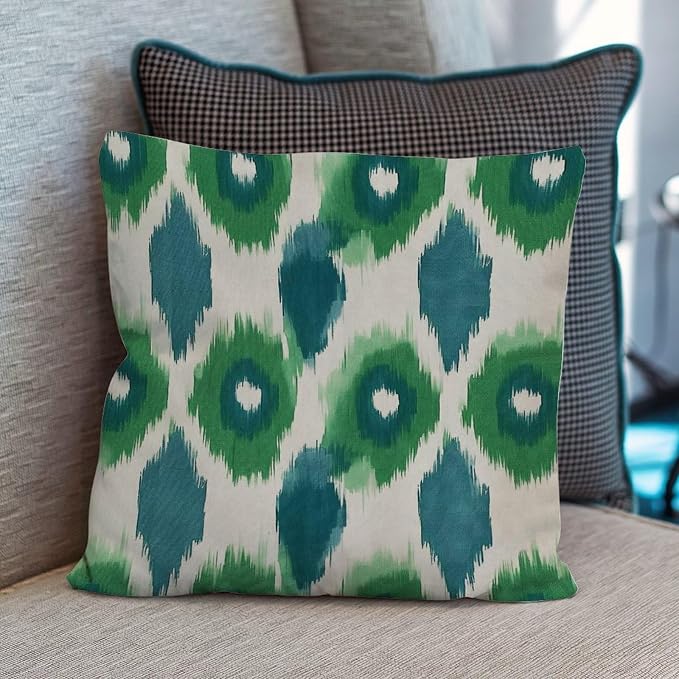 Green and Aqua Bukhara Ikat Pillow Cover Peacock Strip Print Throw Pillow Cover Rustic Decorative Cushion Covers Home Decor for Patio Garden Sofa Chairs 18x18 in