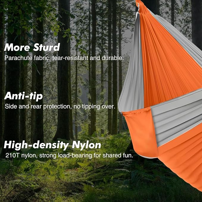 Adult Double Camping Hammock, 10ft x 6.5ft (300x200cm), Orange and Gray, 210T Nylon, 500 Lbs Weight Capacity, Portable with Storage Bag, d-Rings & Wide Straps, Breathable & Durable for Outdoor, Campin