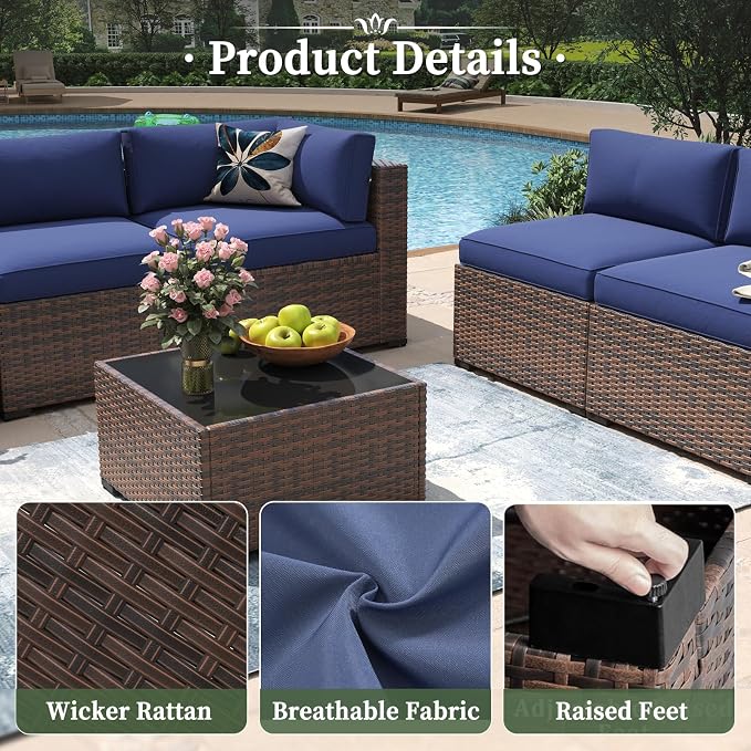 Aoxun 11 Piece Patio Furniture Set Wicker Rattan Patio Conversation Set Outdoor Sectional Sofa Set with Coffee Table and 4” Thickened Cushions, Blue