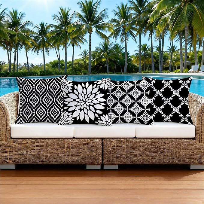Outdoor Waterproof Throw Pillow Covers 16x16 Set of 4 Black and White Aesthetic Boho Decorative Cushion Cases for Patio Furniture Garden Porch Bench Couch Sunbrella