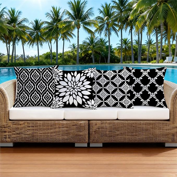 Outdoor Waterproof Throw Pillow Covers 18x18 Set of 4 Black and White Aesthetic Boho Decorative Cushion Cases for Patio Furniture Garden Porch Bench Couch Sunbrella