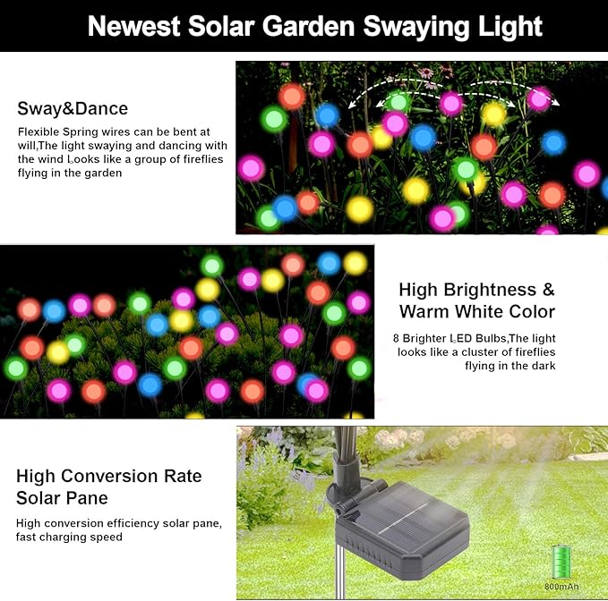 Solar Firefly Lights Outdoor, 8 Mode RGB Color Changing Swaying Flashing Firefly Garden Lights Solar Powered Waterproof for Outside Yard Pathway Christmas Garden Decor Multicolor (2 Pack)