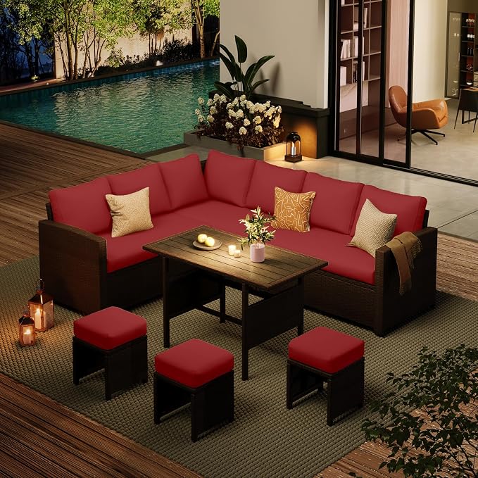 AECOJOY Outdoor Patio Furniture Set with Waterproof Cover, 7 Pieces Clearance Sectional Rattan Dining Table&Chairs, All Weather Wicker Conversation Sofa Couch, Wine Red Cushions&Brown Rattan