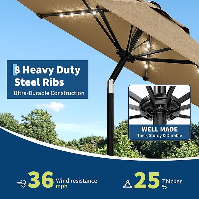 Garvee 9/10 FT Solar Patio Umbrella with 32 LED Lights - Outdoor Table Umbrella with Crank Lift, Push Button Tilt and 8 Sturdy Ribs - Market Umbrella UV Protection for Pool, Deck, Yard, Garden