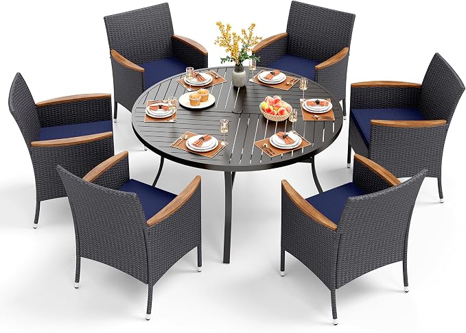 PHI VILLA 7 Pieces Patio Round Dining Set for 6, Large Wrought Iron Outdoor Dining Table with Umbrella Hole & Cushioned Wicker Rattan Chairs, Dining Furniture Set for Deck, Yard, Porch