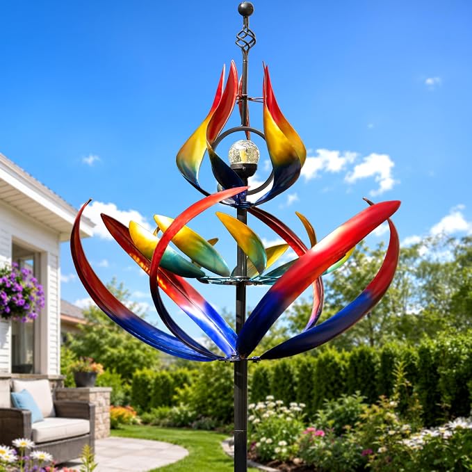 107" Large Solar Wind Spinner Outdoor Metal - 3-Tier Kinetic Wind Sculptures with LED Glass Ball Light, Multi-Color Tulip Windmills for Yard Garden Decor, Patio Porch Lawn Ornament Gardening Gifts