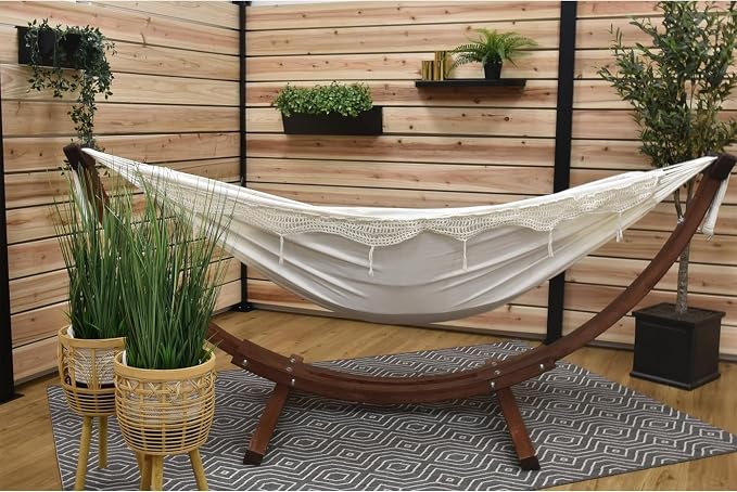 Vivere Double Cotton Hammock with Solid Pine Arc Stand - 450 lb Capacity, Durable FSC Wood Frame, Includes Hardware & User Guide - 450 lb Weight Capacity
