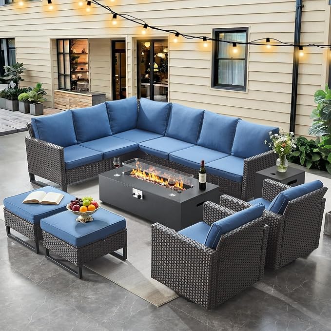 HUMMUH 9 Piece Patio Furniture Set,Outdoor Sectional Sofa Couch & Swivel Rocker Chairs,Propane Firepit with Hidden Fuel Tank,Outdoor Conversation Set for Porch,Garden,Backyard