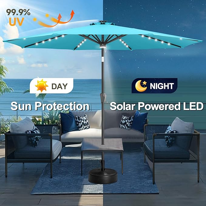 FLAME&SHADE 10 FT Solar Light Patio Umbrella, 40 LED lights outdoor umbrella with Centre Surround Light, Table Market Umbrella for Deck, Pool, Porch, Backyard, Garden, UV Protection, Aqua Blue